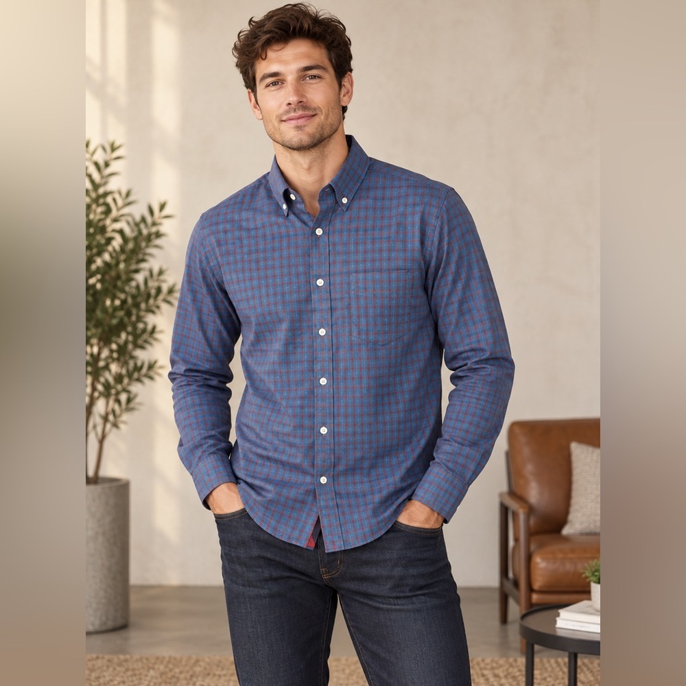 UNTUCKit Men’s Small Slim Fit Blue Red Plaid Long Sleeve Button-Down Shirt